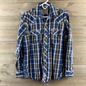 Rafter C Mens Shirt Long Sleeve Pearl Snap Plaid Western Cowboy Rodeo Medium